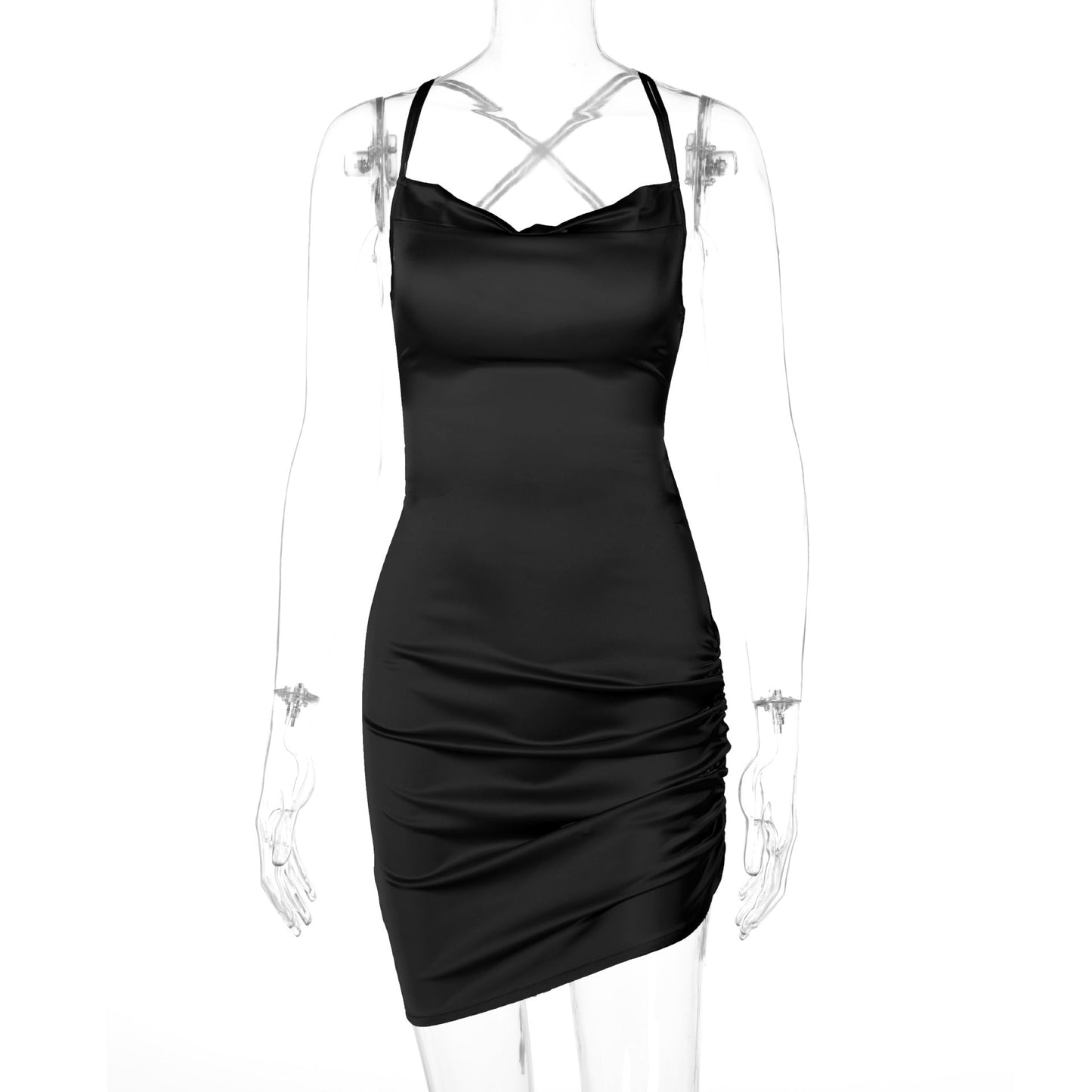 Satin cowl neck solid lace up backless ruched mini dress