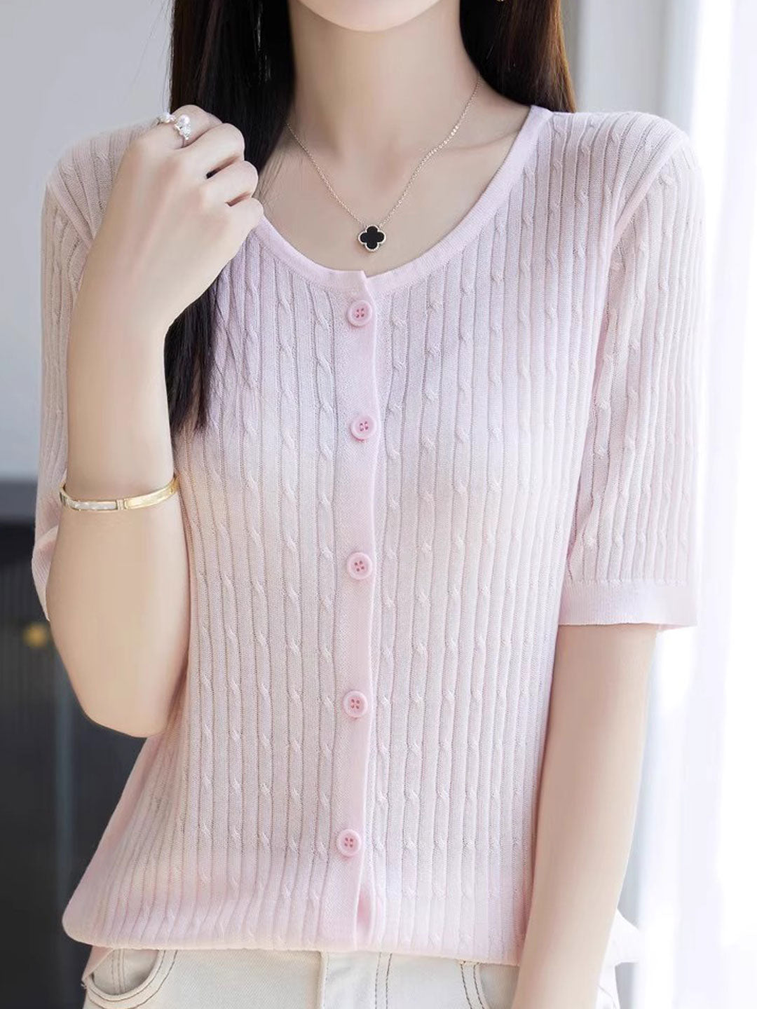 Bailey Loose Crew Neck Solid Color Cable Knitted Top