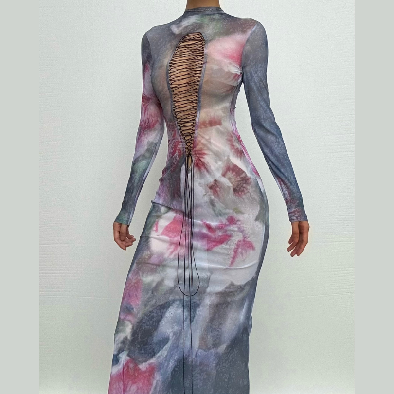 Long sleeve print sheer mesh lace up maxi dress