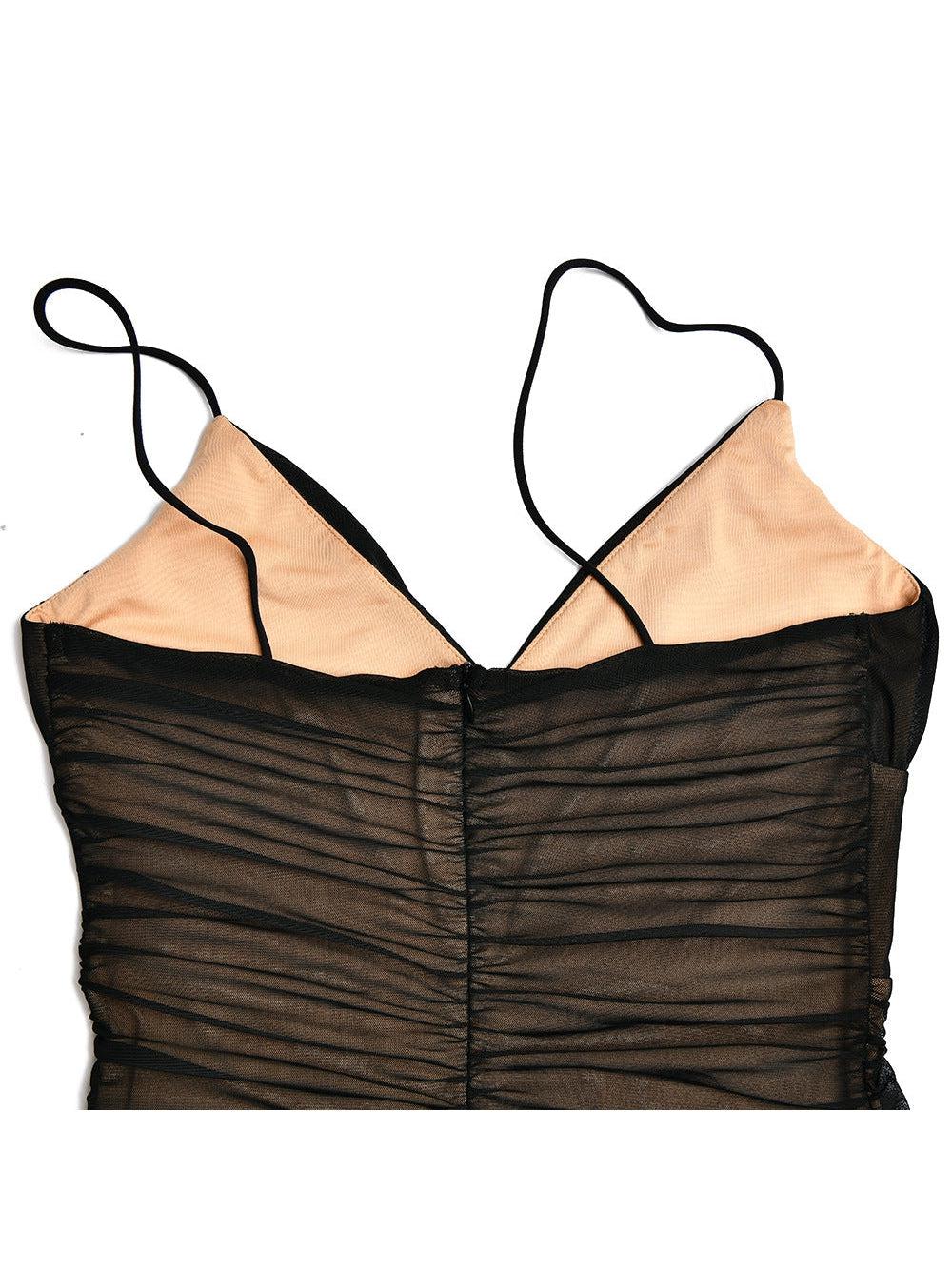 Mesh Tulle Spaghetti Strap Slit Maxi Dress