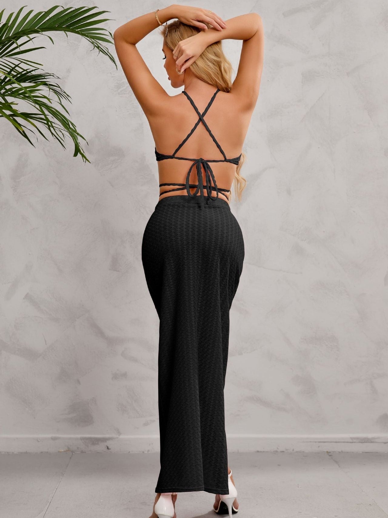 Halterneck See through Lace up Top & Long Slit Skirt Set