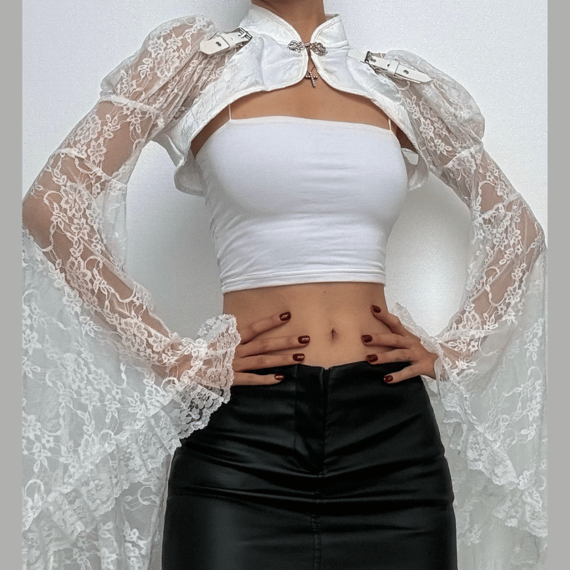 Long flared sleeve lace buckle shrug top