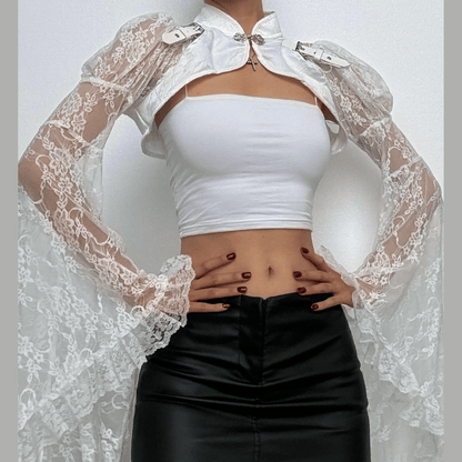 Long flared sleeve lace buckle shrug top