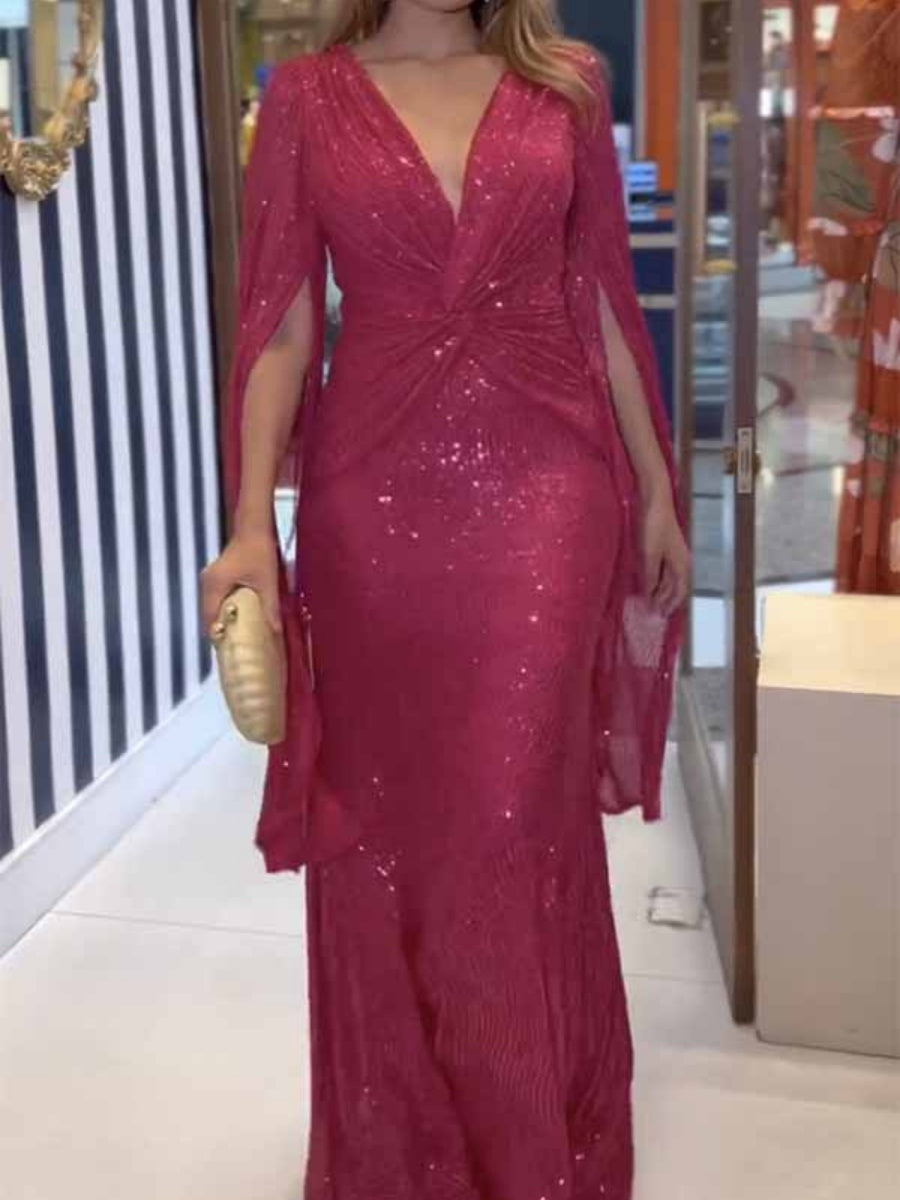 V-neck Hip-hugging Sequins Cloak Parties Maxi Dresses