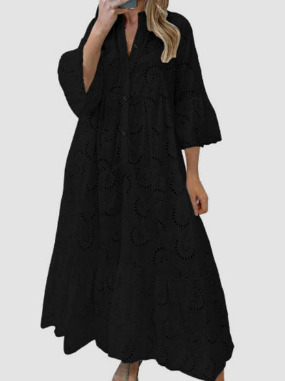 Lace Cutout V-neck Buttons  Flare Sleeve Maxi Dresses