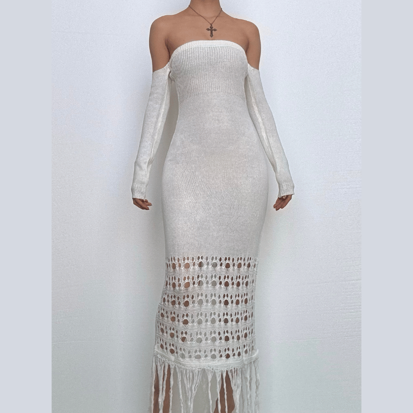Sweetheart neck off shoulder tassels knitted maxi dress
