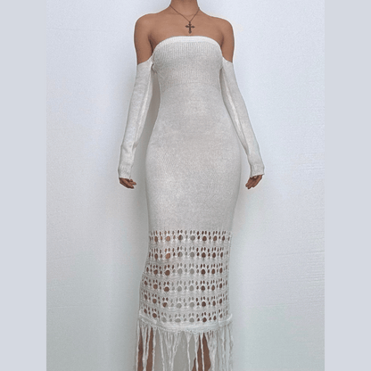 Sweetheart neck off shoulder tassels knitted maxi dress