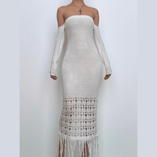 Sweetheart neck off shoulder tassels knitted maxi dress