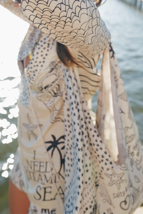 Collared V Neck Shirt and Side Slit Shorts Vitamin Sea Print Set