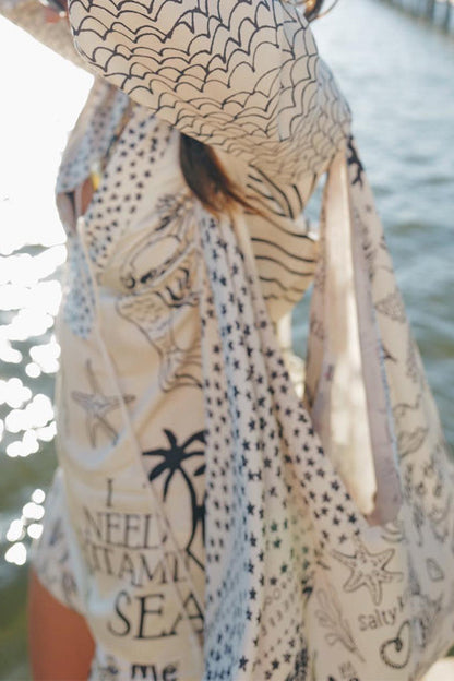 Collared V Neck Shirt and Side Slit Shorts Vitamin Sea Print Set