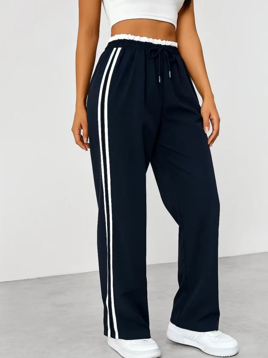 Drawstring High-waisted Wide-leg Pants Loose-fit Drape Sports Pants