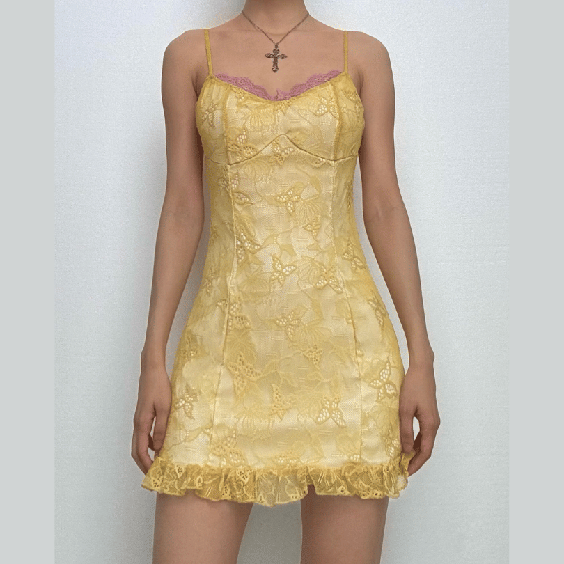 V neck lace ruffle butterfly pattern cami mini dress