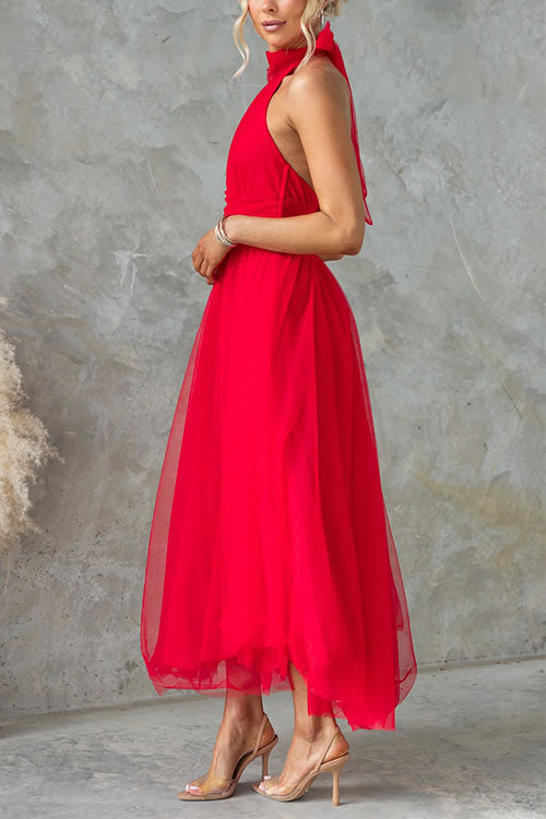 Bow Knot Halter Open Back Tulle Maxi Dress