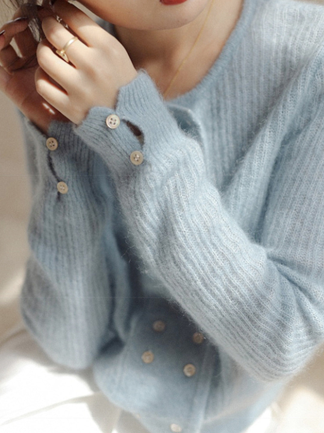 Alena French Style Double-breasted Knitted Cardigan-Blue