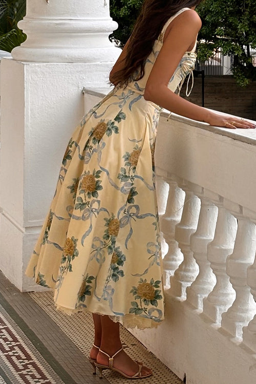 Lace Trim Drawstring Floral Print Midi Cami Dress