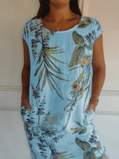 Printed Cotton And Linen Pocket Crew Neck Short Sleeve Mini&Short Dresses