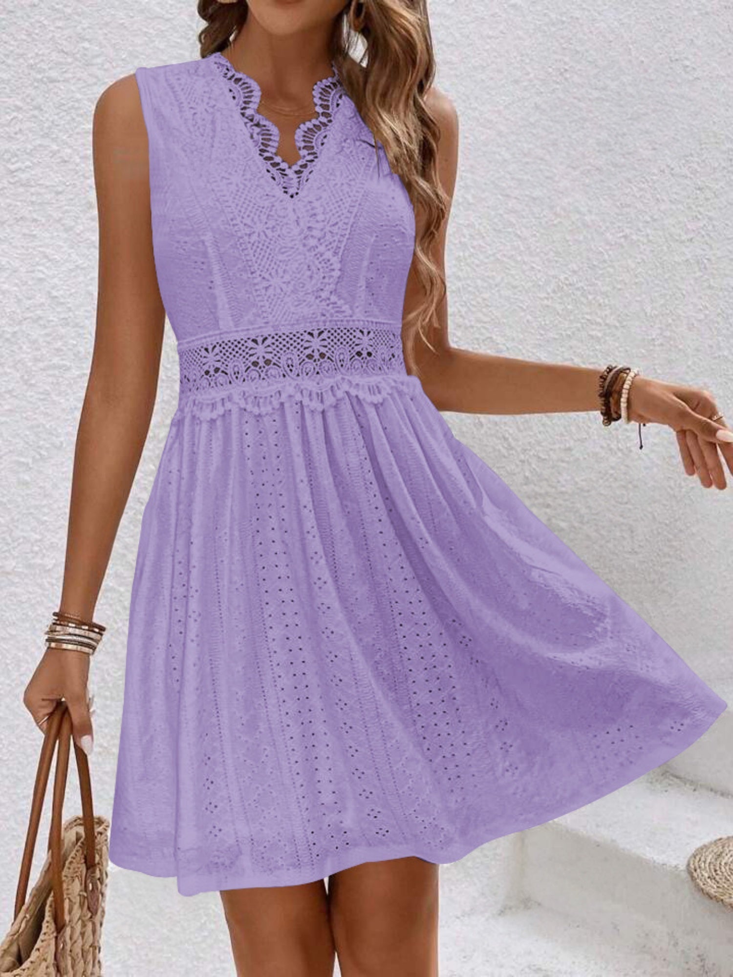 Lace Trim Openwork Jacquard V-neck, Fitted Waist Sleeveless Mini&Short Dresses