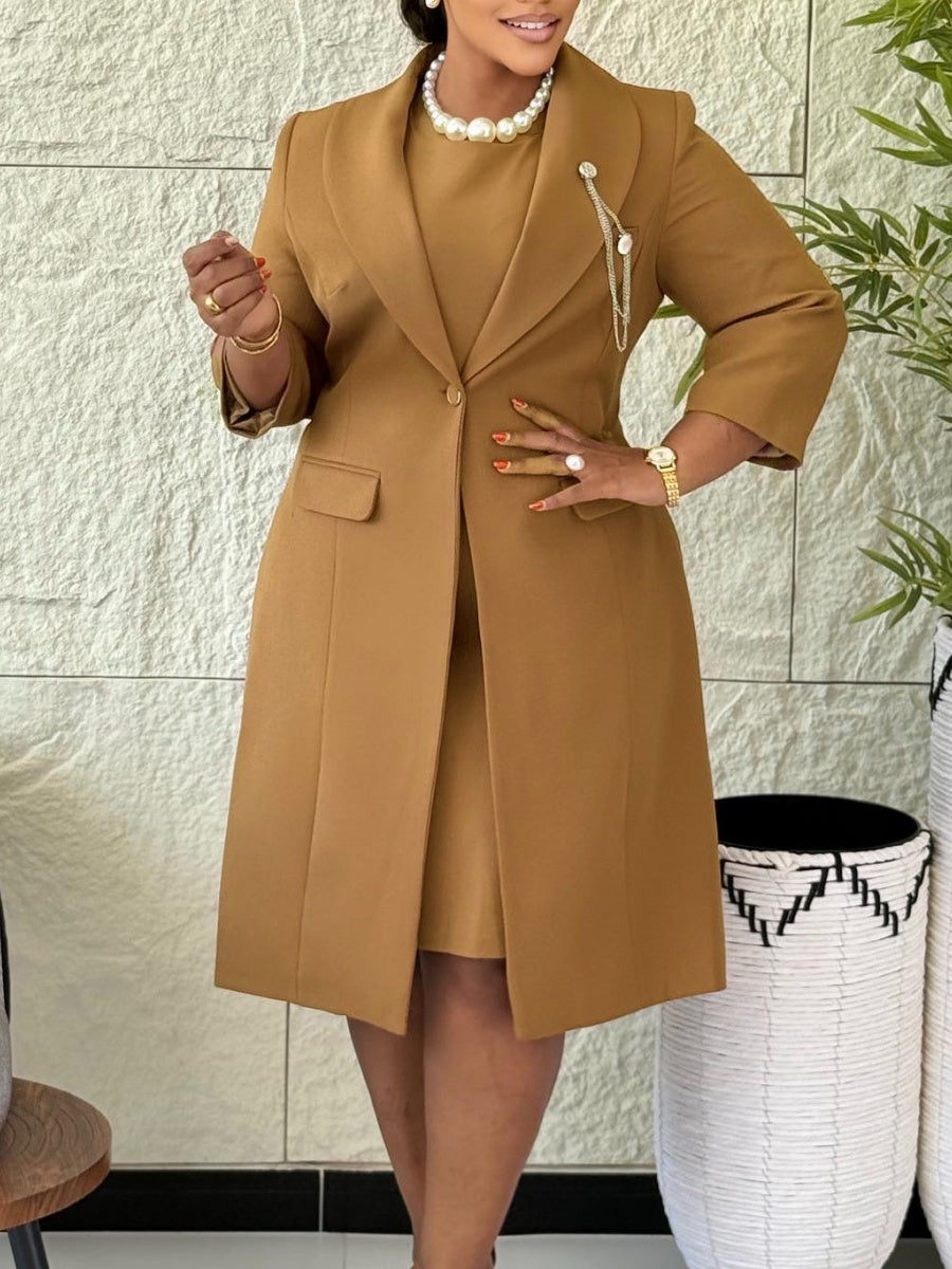 Slim Fit Long Suit Jacket Suspender Skirt 2-piece Sets