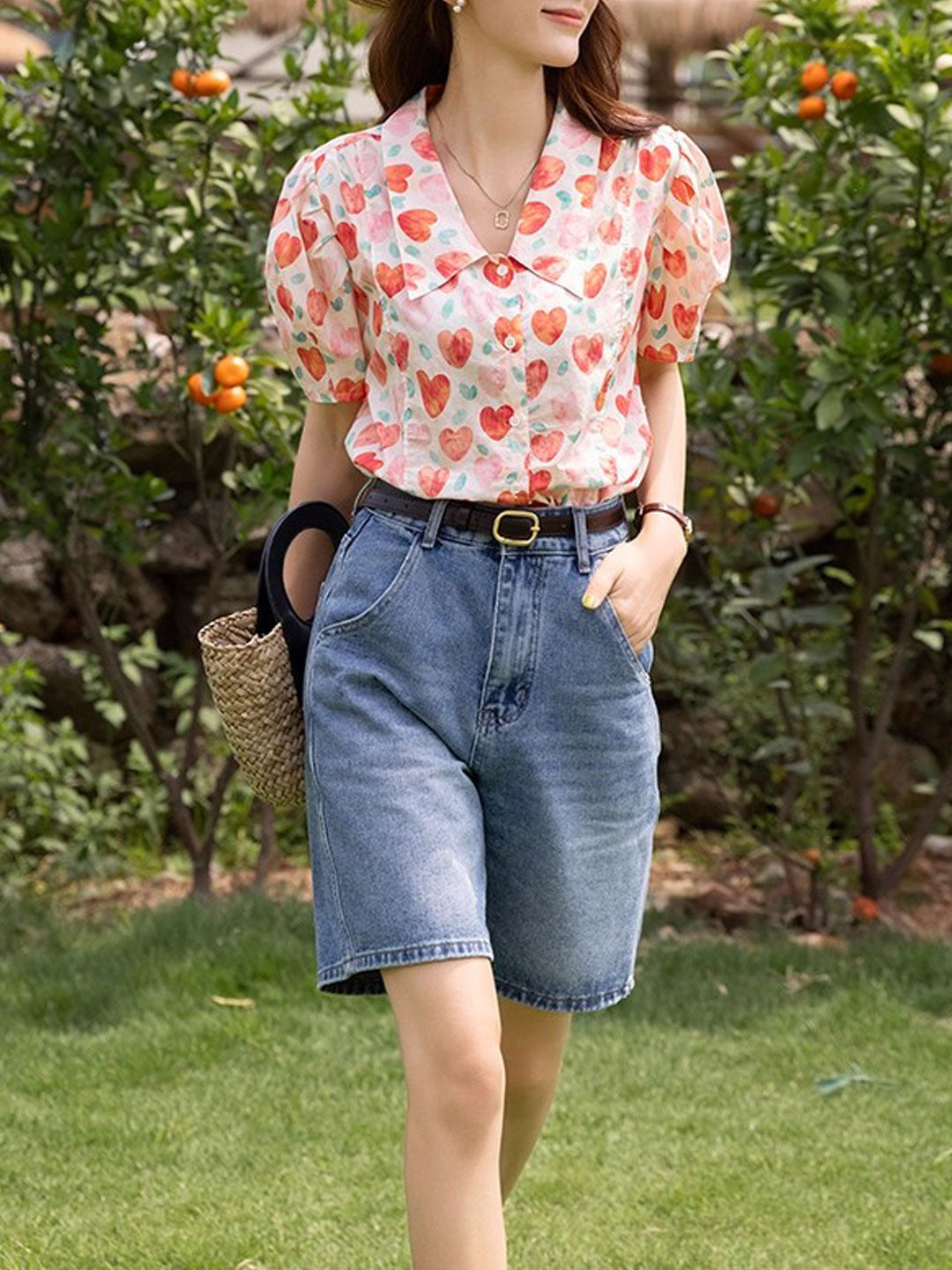 Camila Retro Polo Neck Puff Sleeve Floral Top