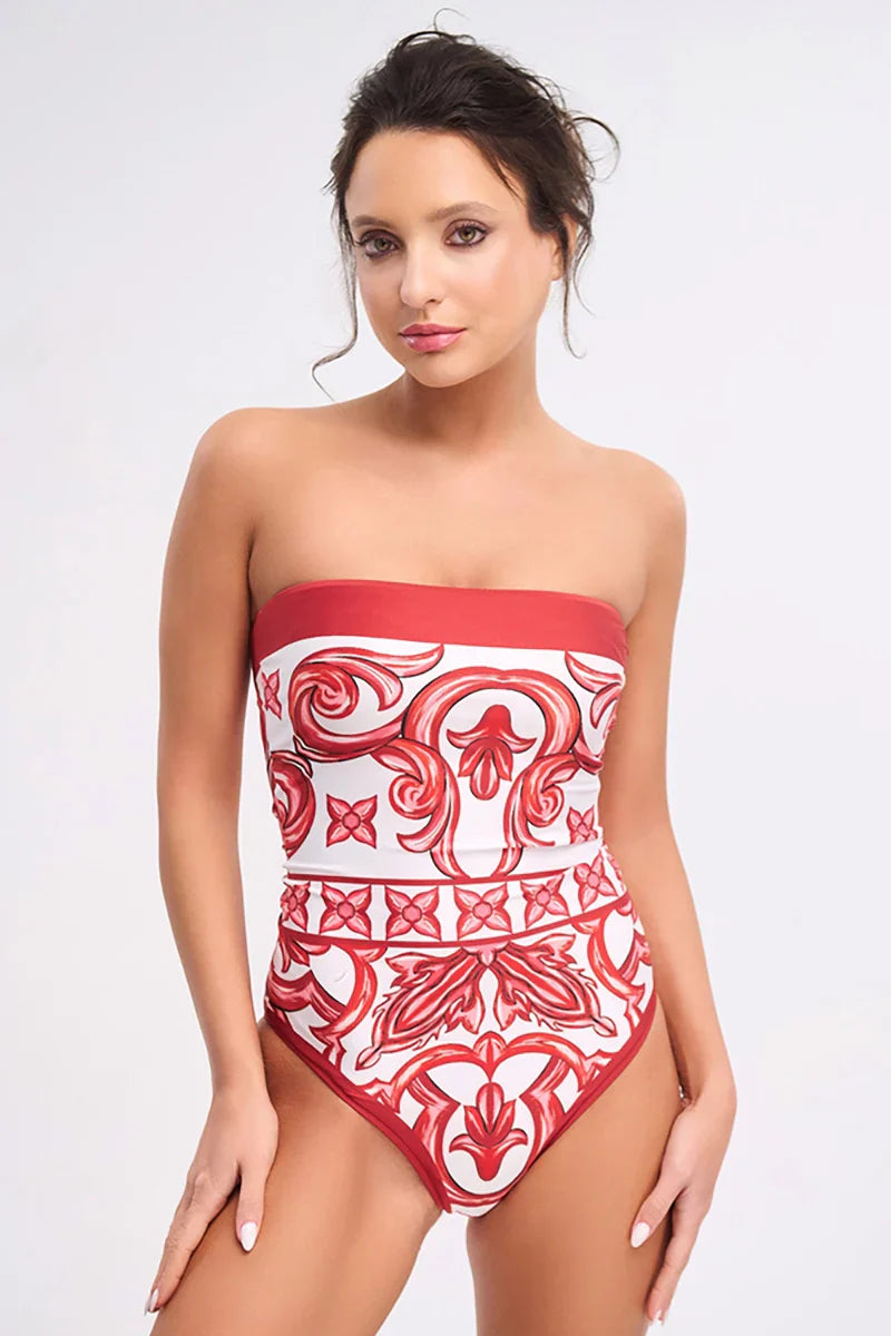 Ethnic Print One-Piece Swimsuit Set