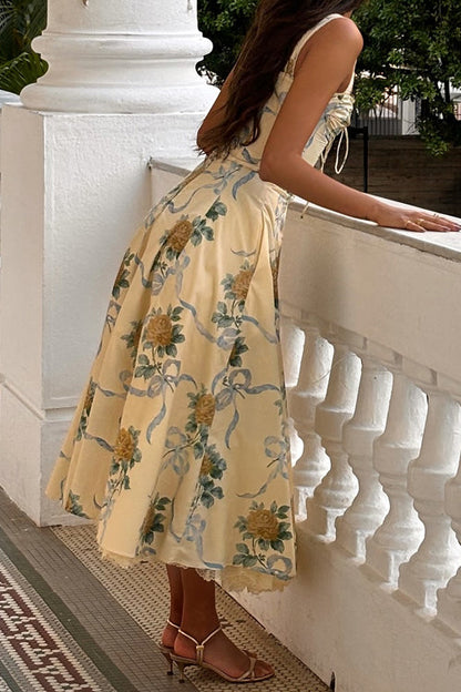 Meridress Lace Trim Drawstring Floral Print Midi Cami Dress