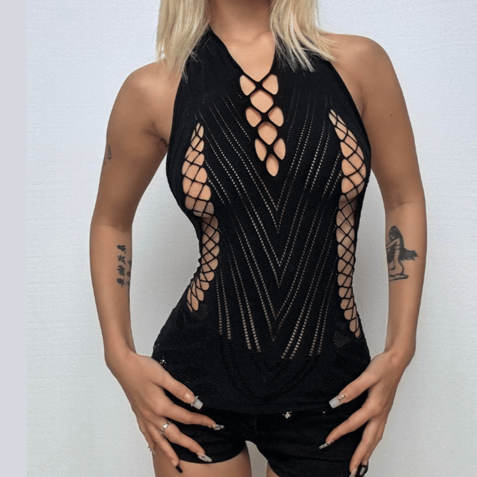 Halter fishnet hollow out backless cut out mini dress