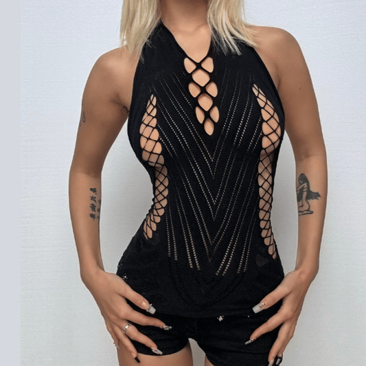 Halter fishnet hollow out backless cut out mini dress