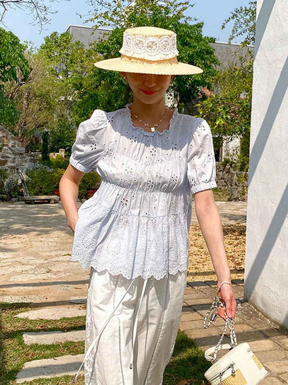 Arianna Retro Auricular Puff Sleeve Embroidered Top