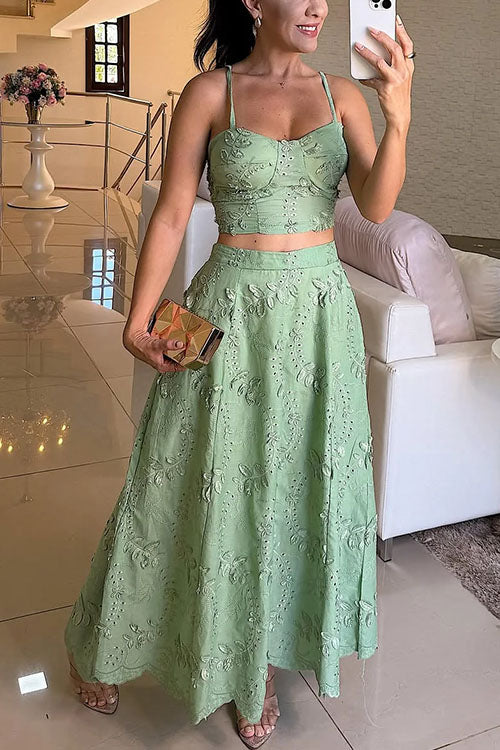 Meridress Embroidery Crop Cami Top and Elastic Waist Swing Maxi Skirt Set