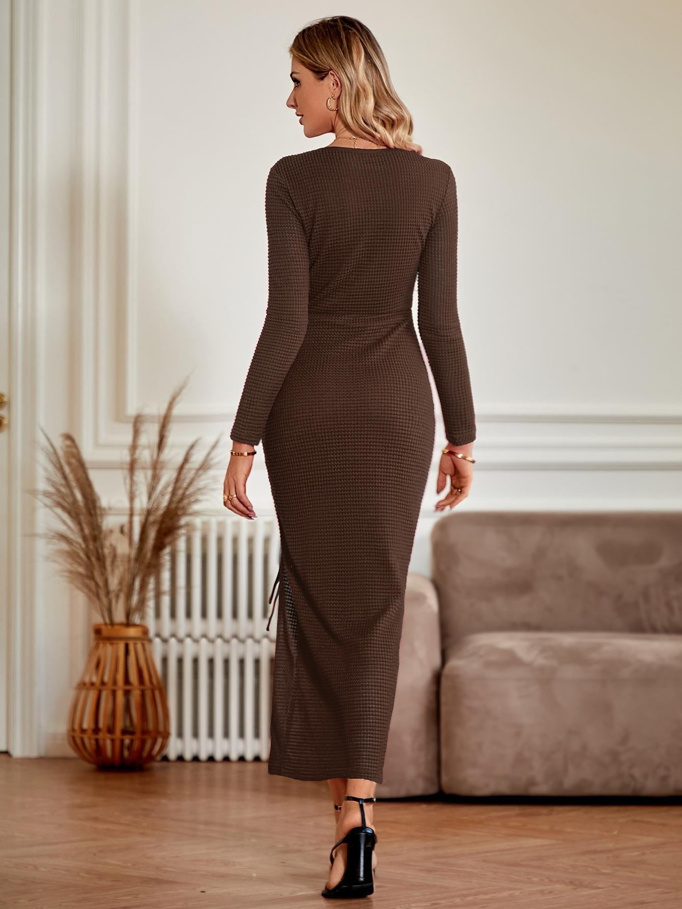 U Neck Split Drawstring Full Sleeve Dress