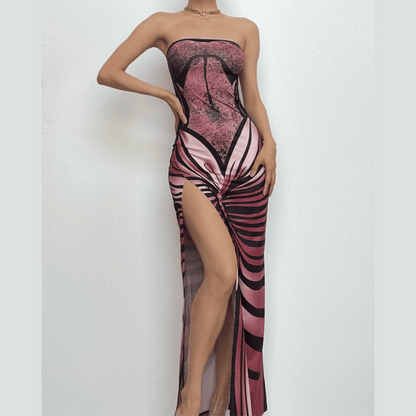 High slit butterfly print tube maxi dress