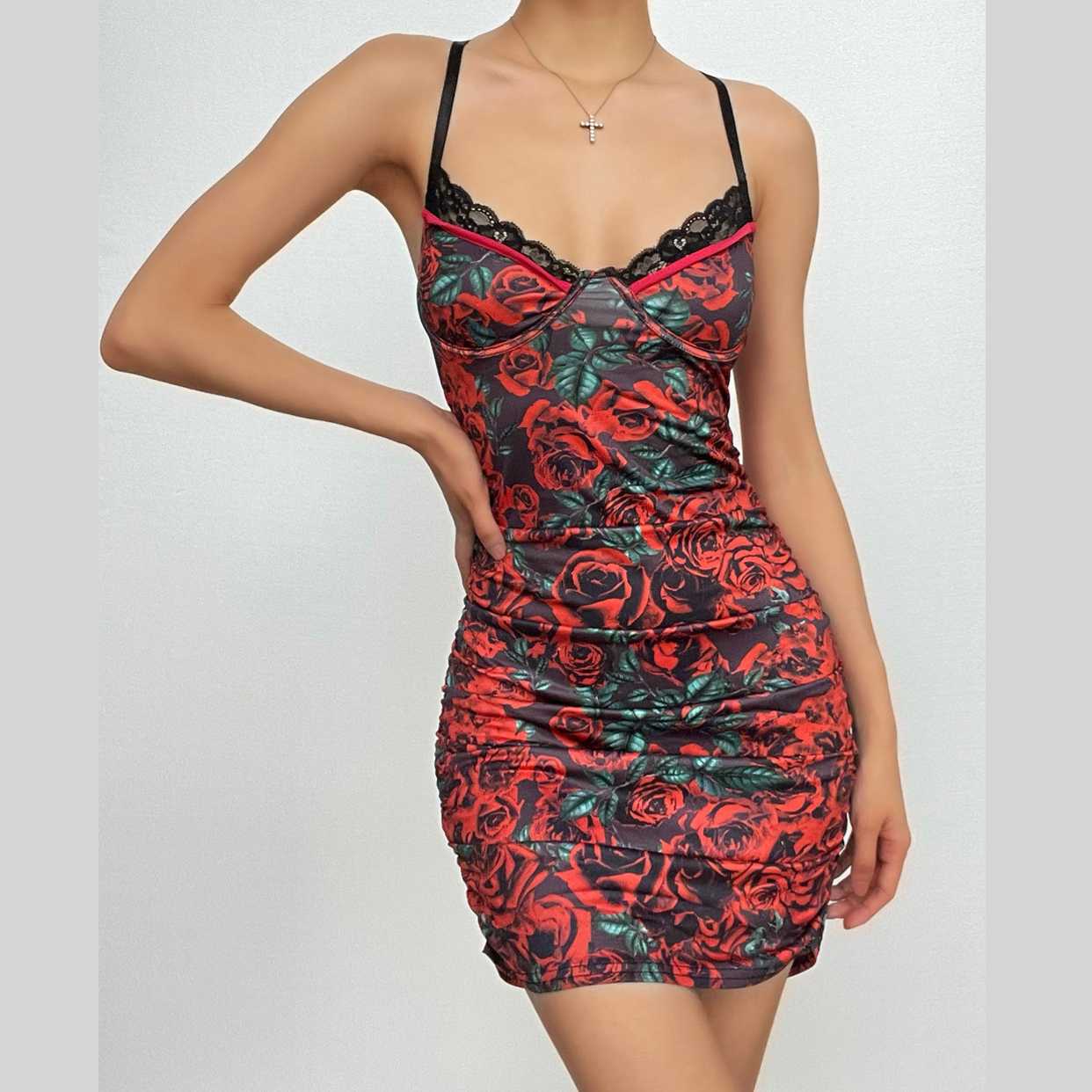Floral Print Sweetheart Lace Trim Ruched Bodycon Cami Mini Dress