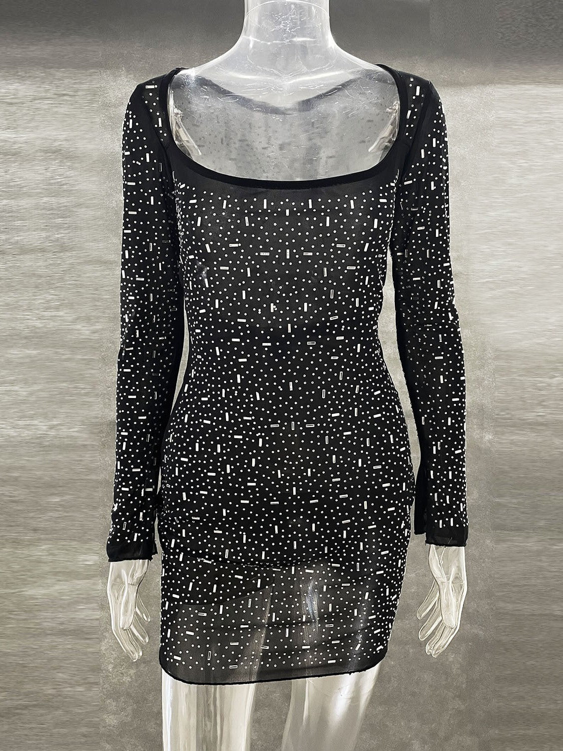 Sequins Rhinestone Semi See through Full Sleeve Short Dress