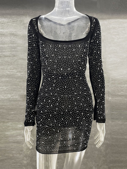 Sequins Rhinestone Semi See through Full Sleeve Short Dress