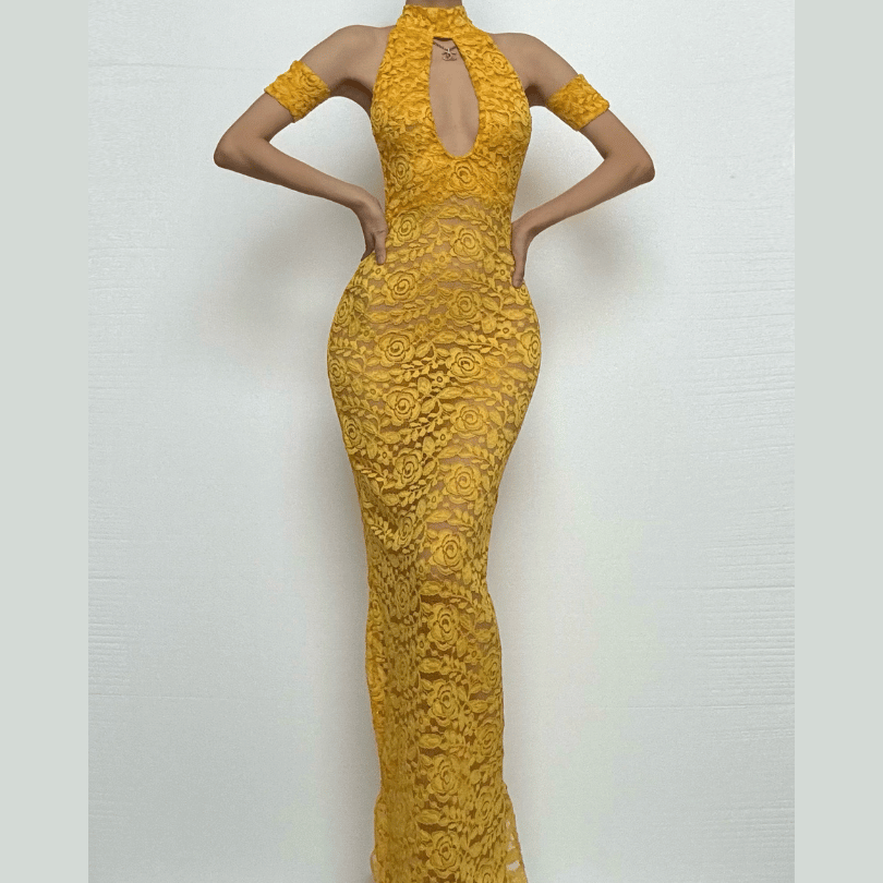 Halter hollow out lace backless cut out maxi dress