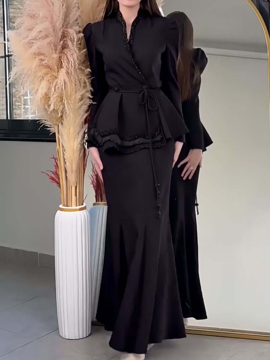 V-neck Tie-front Blazer And High-waisted Slimming Skirt Two-piece Set