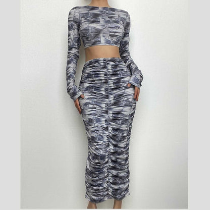 Contrast print long sleeve backless hollow out ruched cut out midi skirt set-final-sale