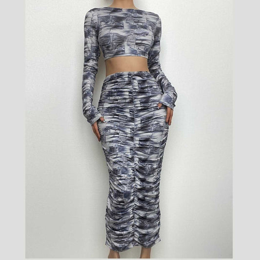 Contrast print long sleeve backless hollow out ruched cut out midi skirt set-final-sale