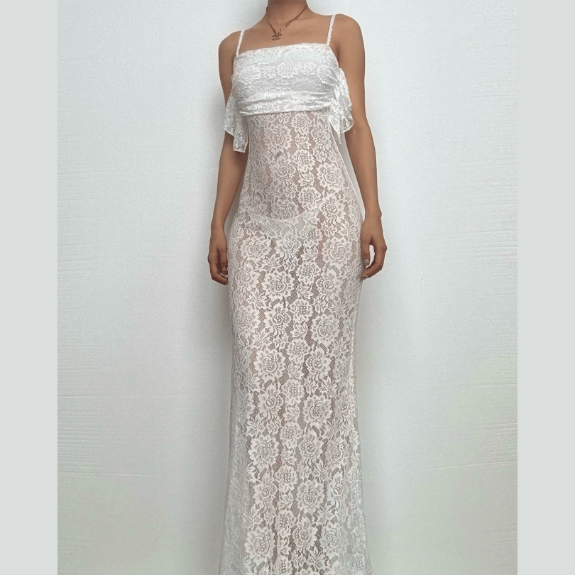 Lace ruched ruffle see through zip-up cami maxi dress