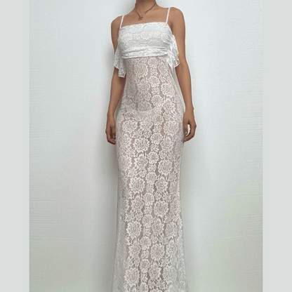 Lace ruched ruffle see through zip-up cami maxi dress