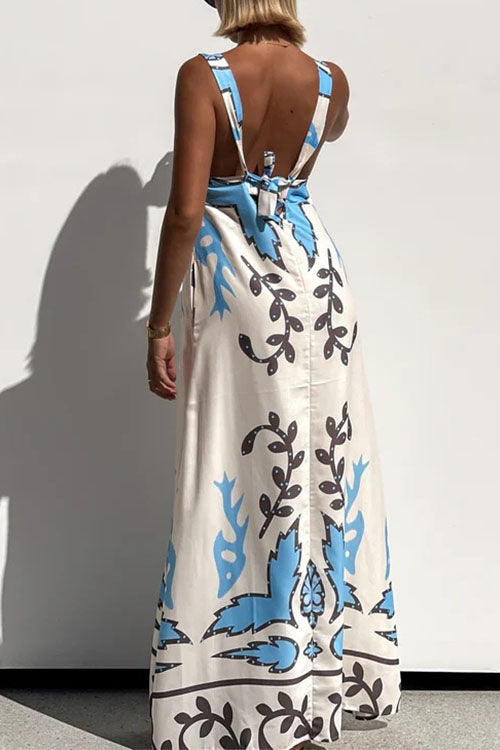 Meridress Square Neck Tie Knot Backless Printed Maxi Cami Dress