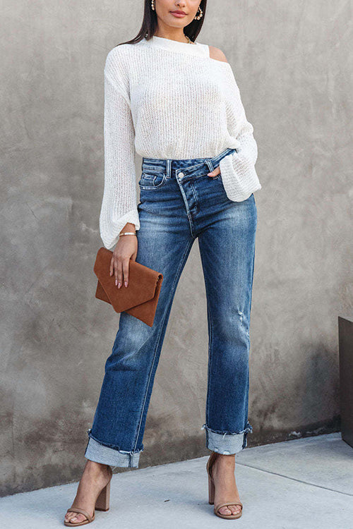 High Waist Straight Leg Ripped Denim Pants