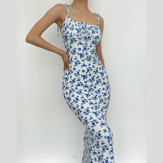 Flower print self tie backless mermaid hem maxi dress