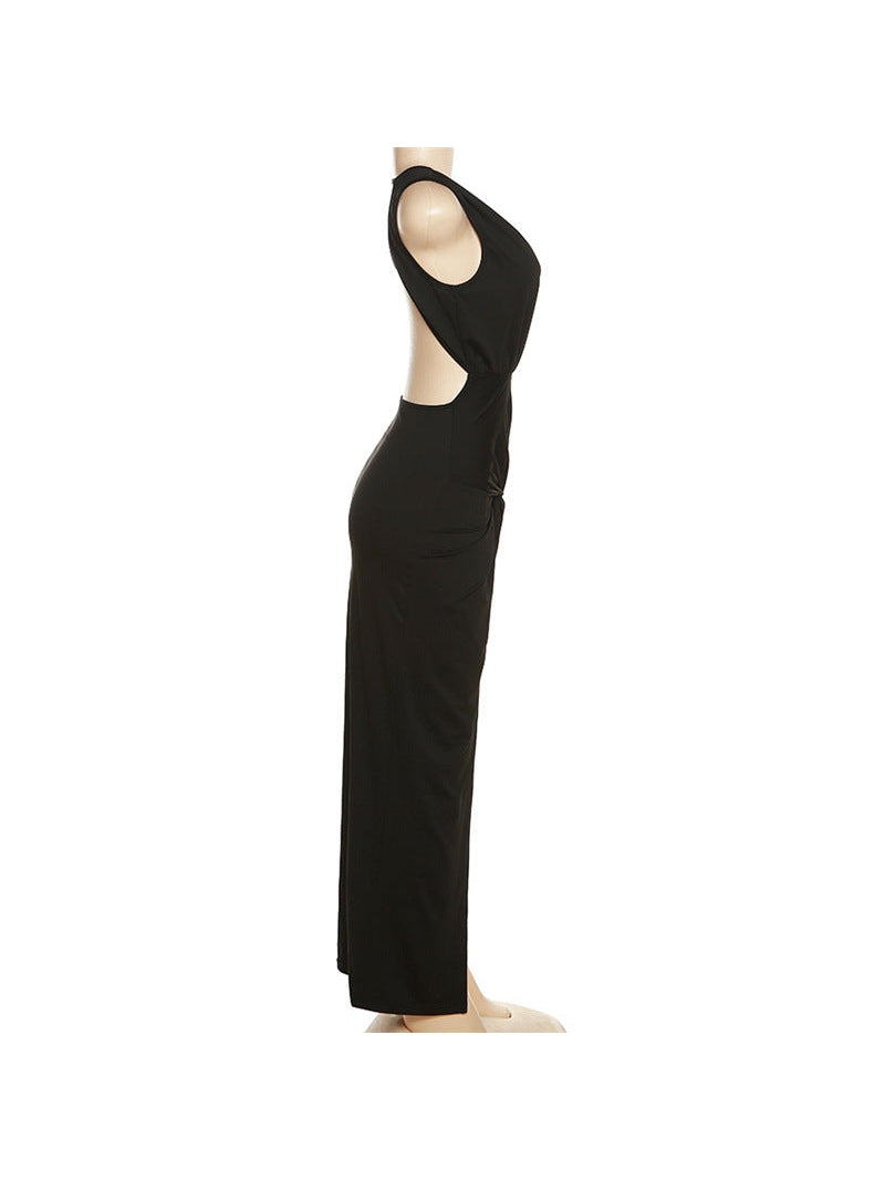 V Neck Ruched Cutout Backless Split Dress