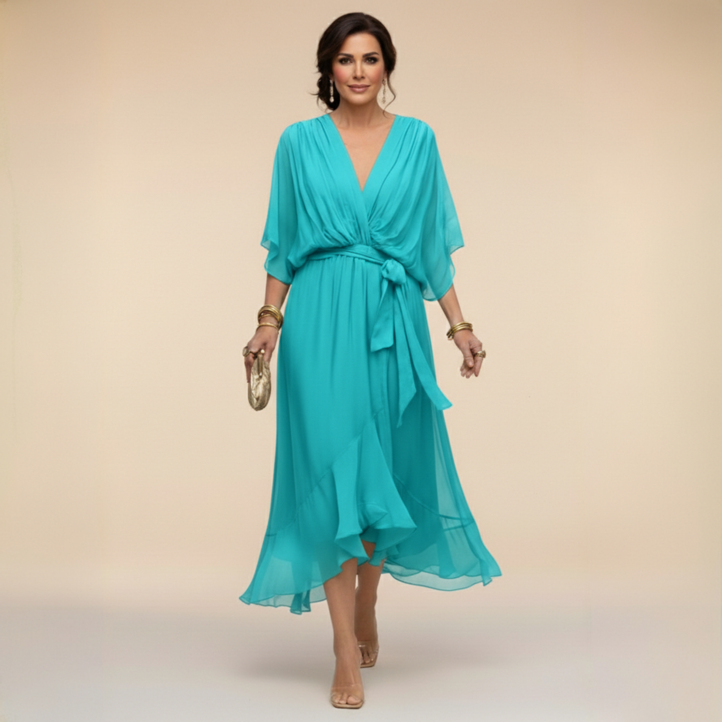 Women's Elegant V-Neck Chiffon Flared Midi Dress with Belt - Perfect Wedding Guest Dress