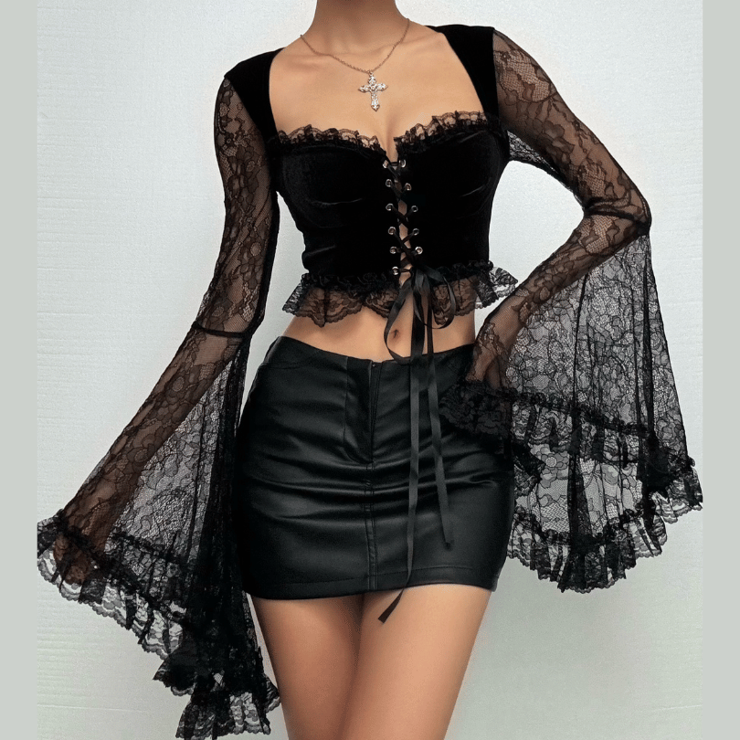 Long flared sleeve velvet lace patchwork ruffle lace up crop top