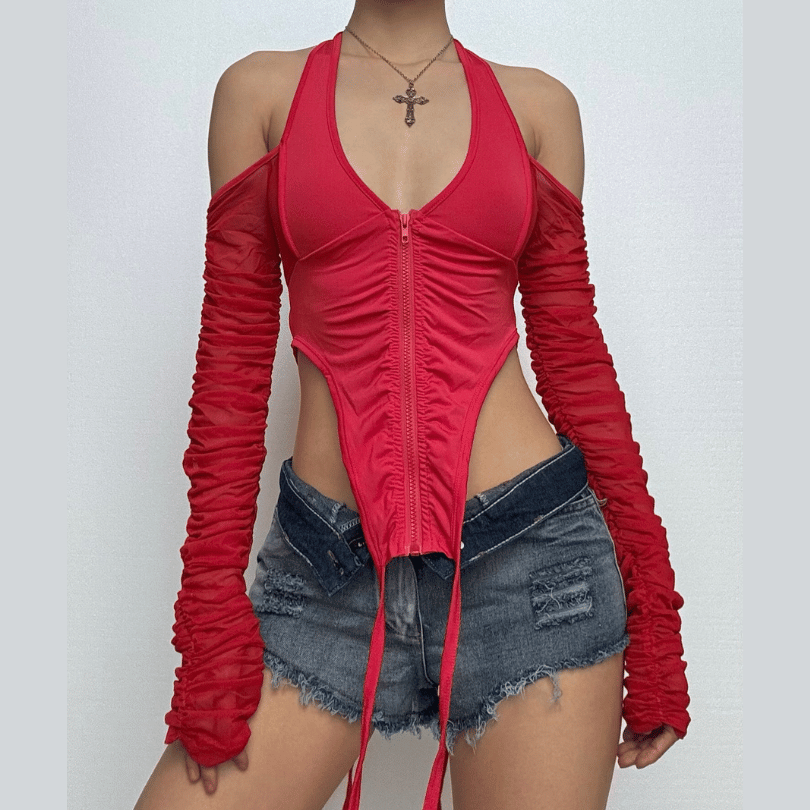 Halter long sleeve off shoulder zip-up ruched top