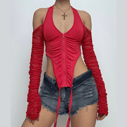 Halter long sleeve off shoulder zip-up ruched top