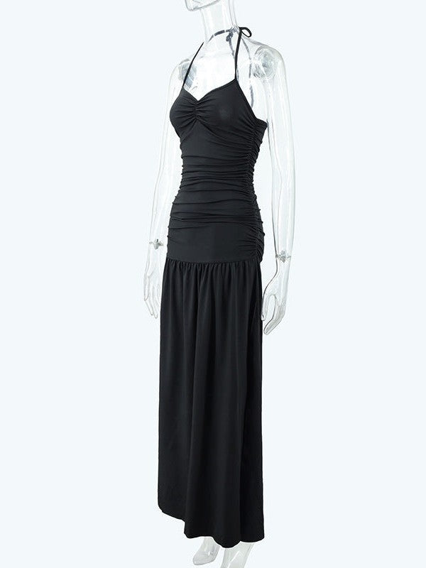 Tied Halterneck Ruched Slit Maxi Dress