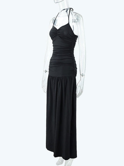 Tied Halterneck Ruched Slit Maxi Dress